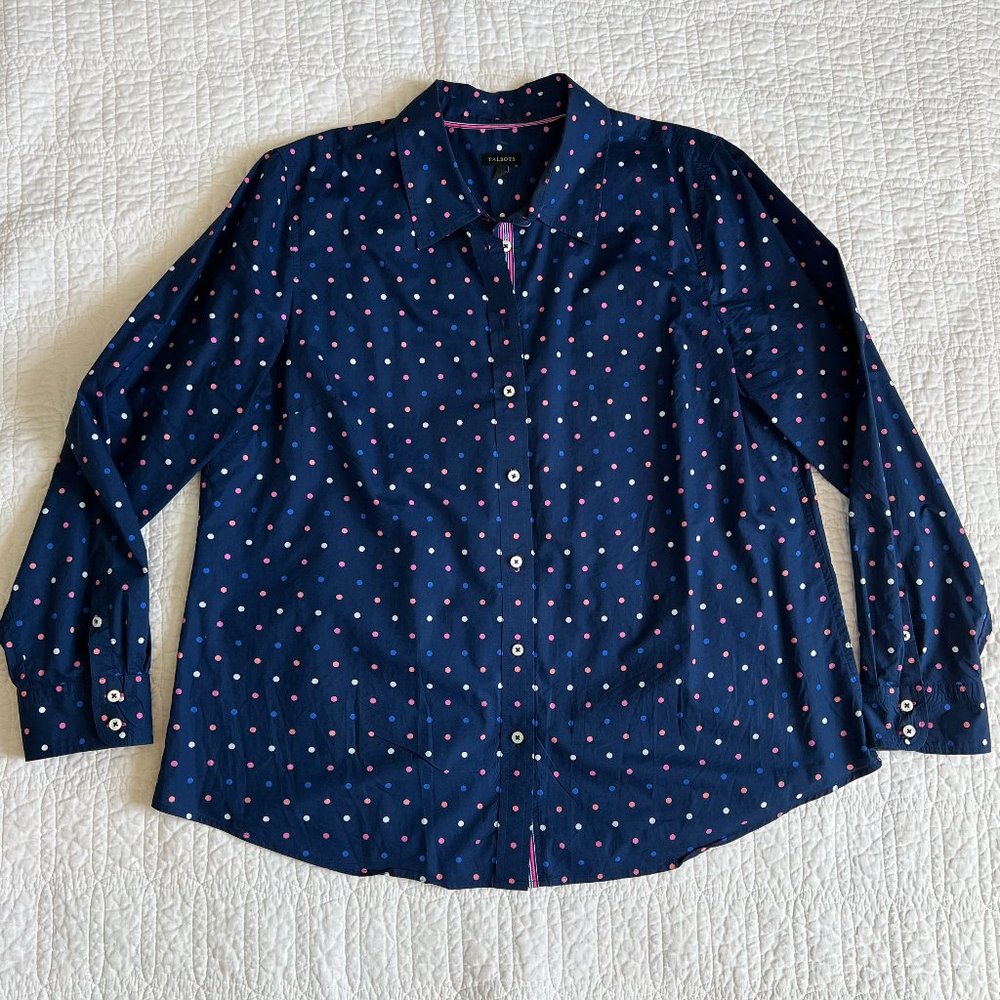 Talbots cotton button-down blouse, polka dot, XL